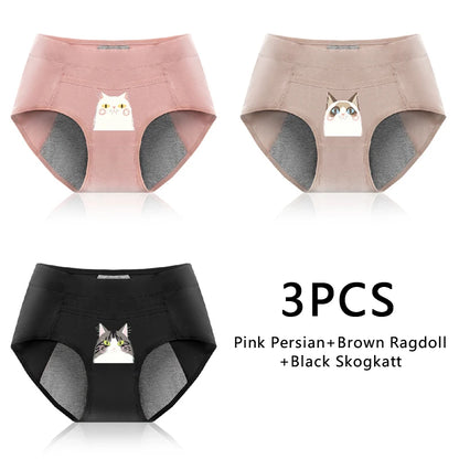 3PCS Cotton Menstrual Panties Leak Proof Breathable Cartoon cat Panties Woman Women Girls Physiological Pants Women's Intimates