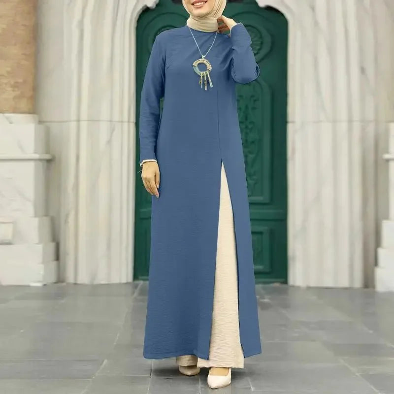 Muslim Women's Long Sleeve Crepe High Split Hem Dress