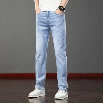 Spring Summer Thin Slim Fit Jeans Mens Elastic Straight Casual Business Denim Pants Washed Classic Brand Clothing Men Trousers.