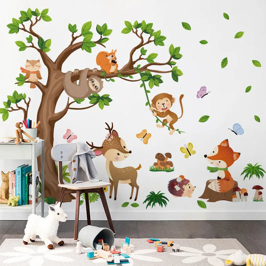 Cartoon tree deer fox monkey sticker for living room kids room decoration self adhesive wall decor.