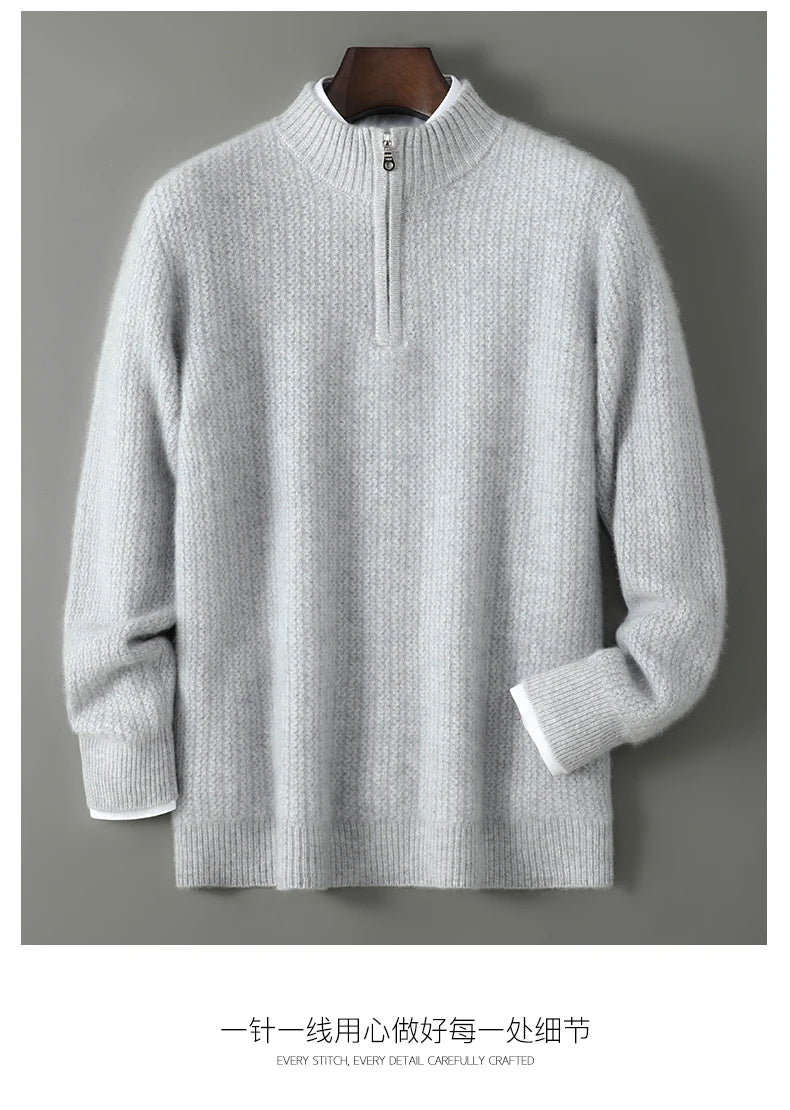Men's 100% Merino Wool Thicken Sweater Half Zipper Mock Collar Pullover Autumn Winter Cashmere Knitwear Business Casual Clothing