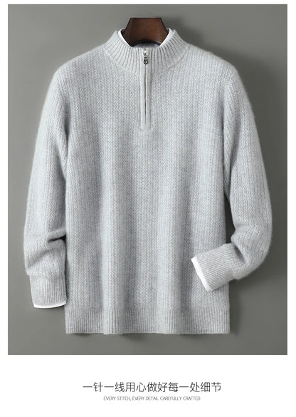 Men's 100% Merino Wool Thicken Sweater Half Zipper Mock Collar Pullover Autumn Winter Cashmere Knitwear Business Casual Clothing