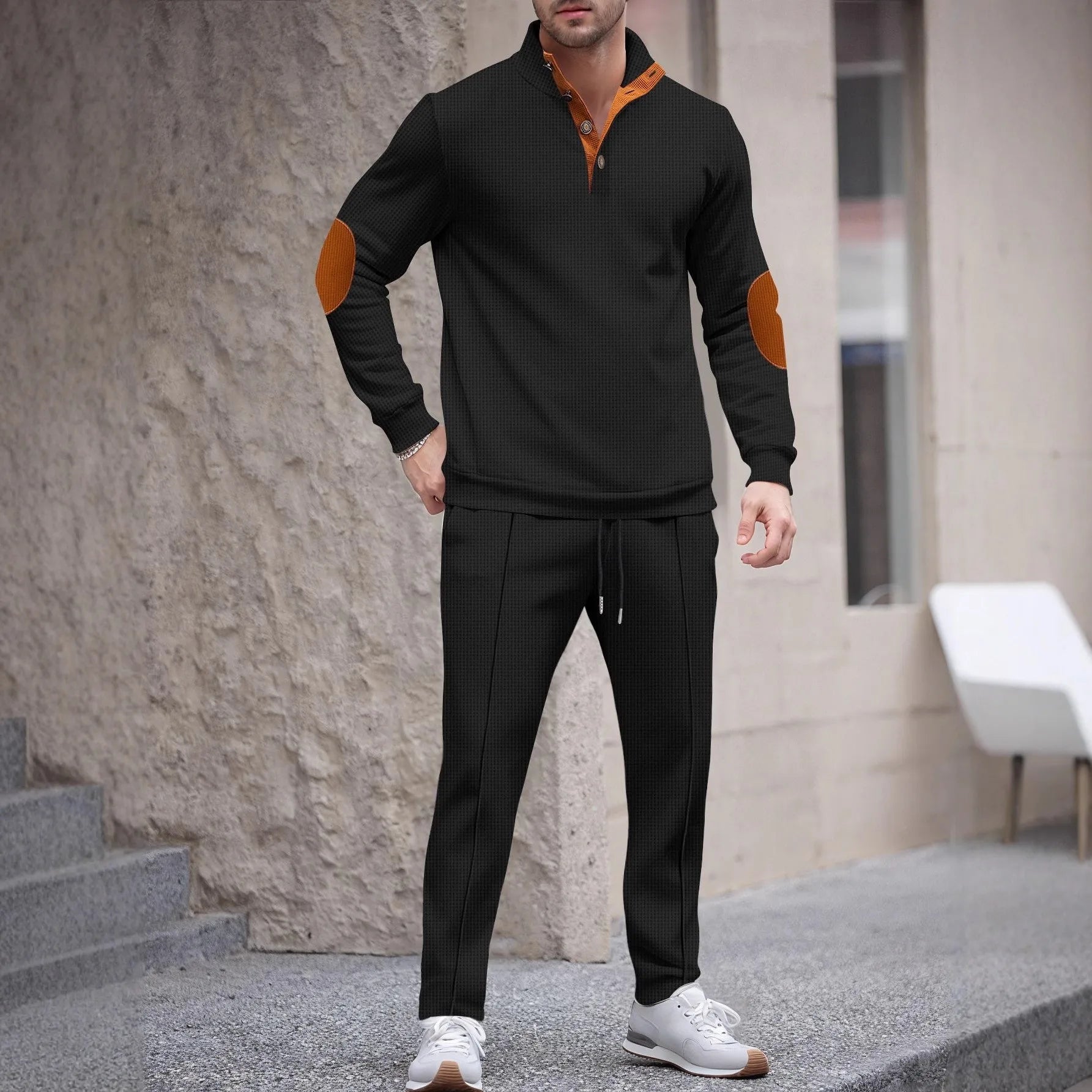 Men's new autumn style American stand-up collar button elbow patch color-block long-sleeve hoodie and pants set.