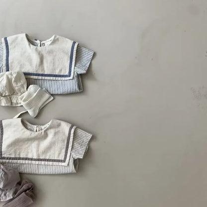 6754 koreanische Neugeborenen Kleidung Sommer neue Marine Revers vertikale Streifen Jungen einteilige Kleidung lässige Mädchen Kletter kleidung.