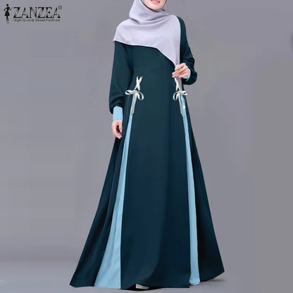 ZANZEA Mode Frauen Langarm Muslimischen Abaya Kleid Frühling Patchwork Maxi Kleider Robe Femme IsIamic Vestidos Lace Up Sommerkleid