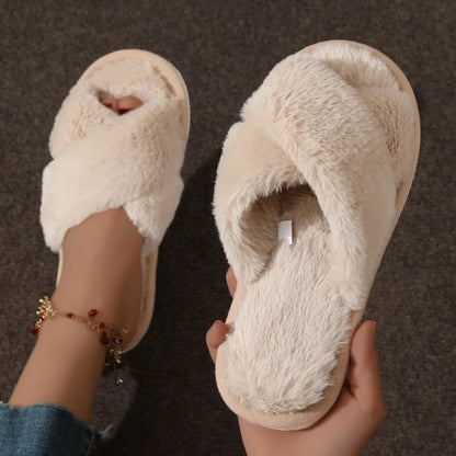 Fashion Cross Strap Fur Slippers Women Indoor Light Warm Plush Home Slippers Woman Faux Fur Flat Heel Couple Slides Plus Size 43.