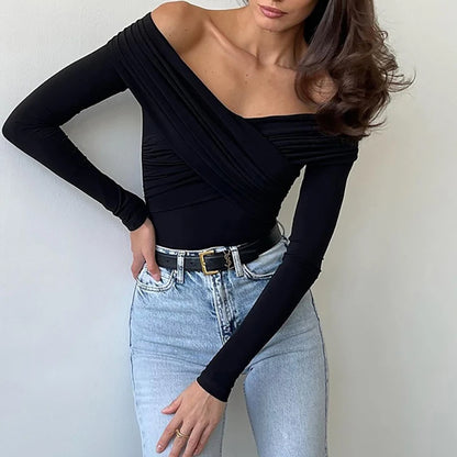 New Solid Sexy Off Shoulder Bodysuits Women Fashion Crossed Folds Skinny Rompers Long Sleeve Fashion Streetwear Autumn Bodysuits.