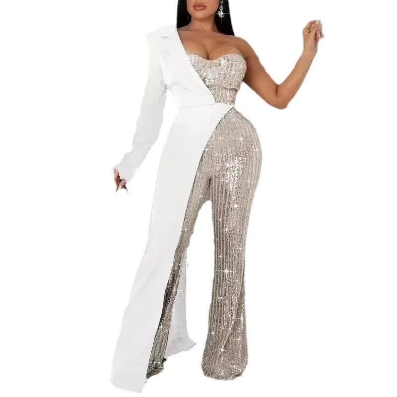CM.YAYA Women One Long Sleeve Strapless Sequined Blazer Wide Leg Jumpsuits 2025 Evening Party One Piece Set Romper Playsuit.