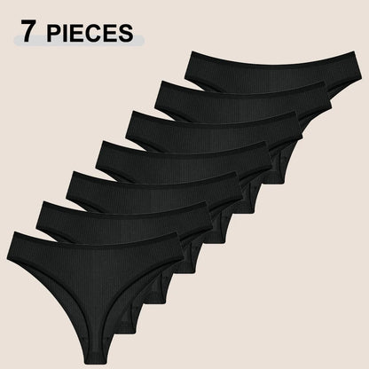 New 7Pcs/Set Seamless Cotton Fabric Thongs For Women Sexy Solid Color Stripe Underwear Female Comfortable Breathable Underpants.