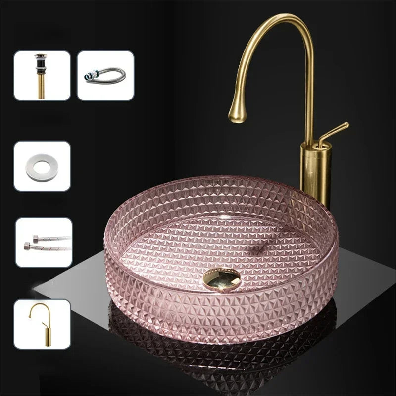 Luxuriöses Waschbecken aus Kristallglas, Badezimmer-Waschbecken, rosa Arbeitsplatte, Kunstbecken, rundes Mini-Schüsselbecken, Waschraum-Waschbecken mit Wasserhähnen