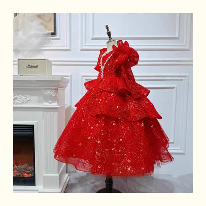 2025, Kinderkleid, Performance-Outfit, Mädchen, Blumen-Pailletten, geschwollenes Kleid, rote Partykleidung, Kinder, Mädchen, Geburtstag, Prinzessinnenkleider, glitzernd