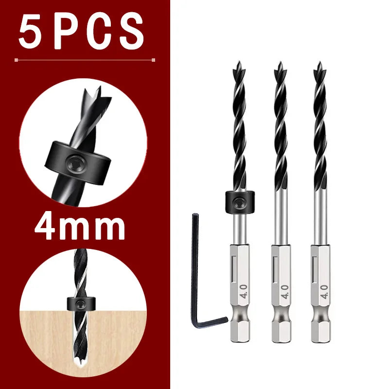 1/4 Sechskantgriff Dreizackiger Holzbearbeitungsbohrer und Tiefenanschlag-Positionierer Ring-Set Holzbearbeitungsloch Reiben Elektrowerkzeug