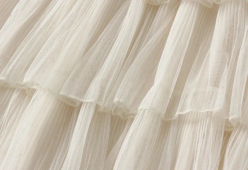 Beiyingni Woman Mesh Long Midi Cake Skirt Solid Color Elegant French Tiered Fairy Tulle Skirts Khaki Casual High Waist Faldas.