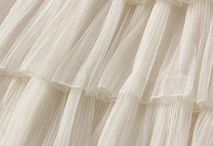 Beiyingni Woman Mesh Long Midi Cake Skirt Solid Color Elegant French Tiered Fairy Tulle Skirts Khaki Casual High Waist Faldas.