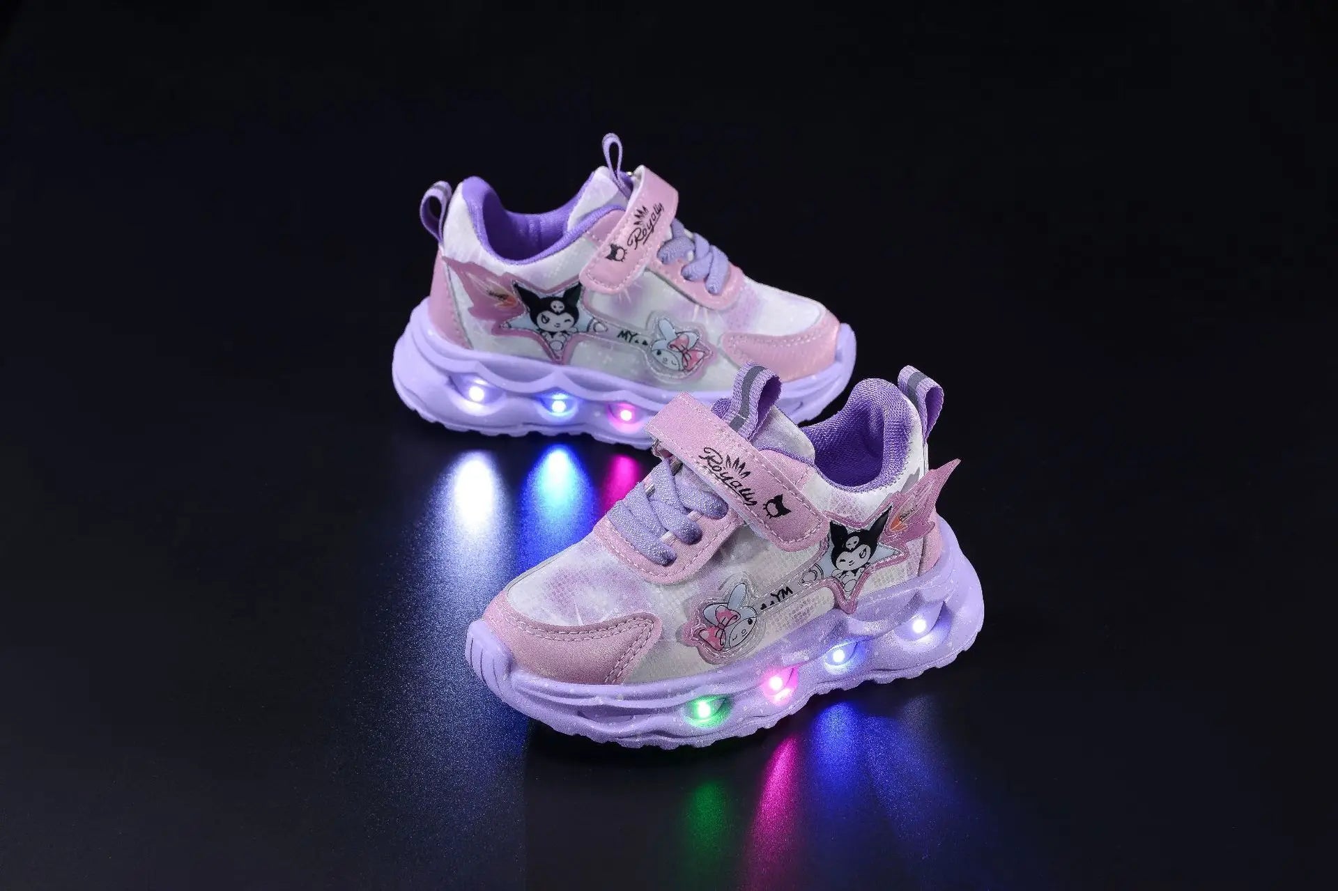 Kids'Casual Shoes Girls Led Light Cartoon PU Leather Spring Fashion Flat Bottom Anti-slip Soft Bottom Pink Purple Size 21-30.