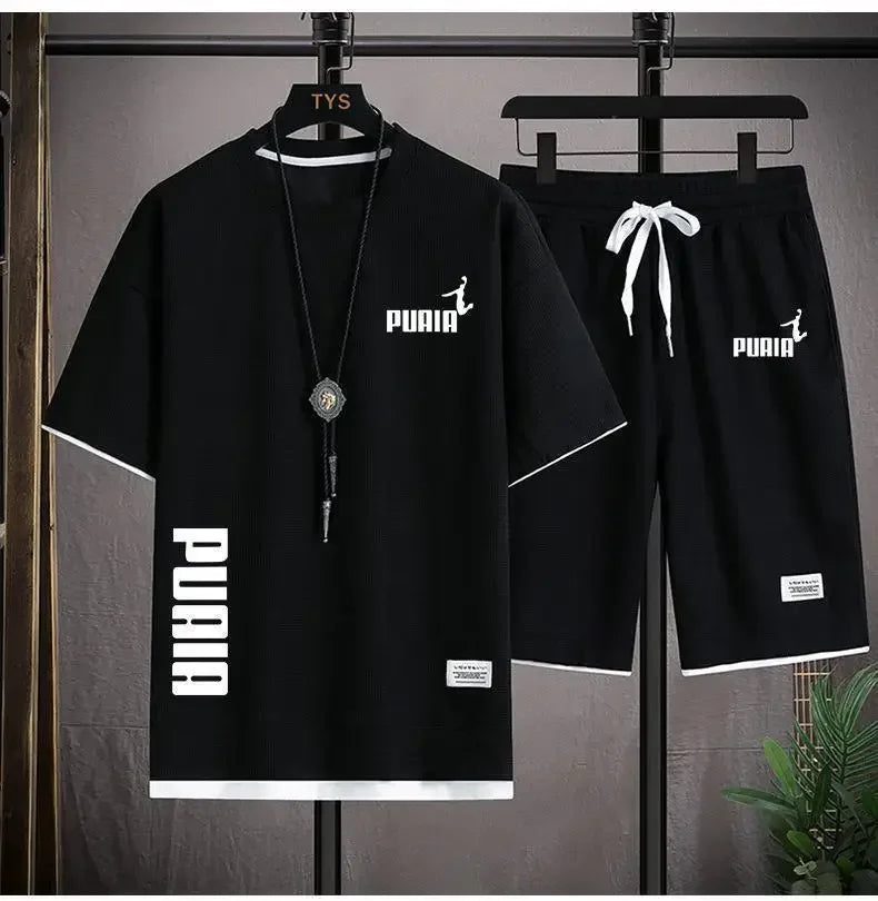 Summer 2025 Men's breathable fitness set, round-neck sports short-sleeved T-shirt + casual running shorts, 2-piece set, M-3XL.