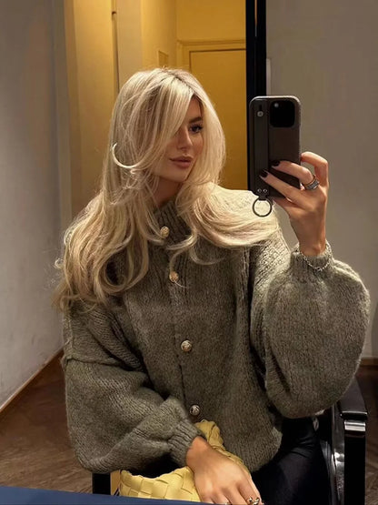 TRAF Women's Bat Sleeve Cardigan Sweater Temperament Lapel Metal Button Decoration Fashion Jacket Casual Commuter Women's Tops.