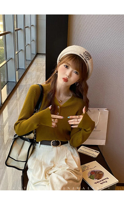 2025 Autumn Winter Women Sweaters Casual Slim Button Knitted Pullover Sweater Femme Basic Solid Jersey Tops Fashion Clothes