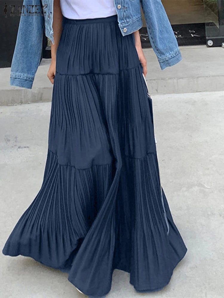 2025 ZANZEA Oversized Summer Maxi Skirts Women Elastic Waist Pleated Long Skirt Casual Solid Color High Waist Ruffled Skirts.