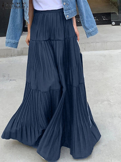2025 ZANZEA Oversized Summer Maxi Skirts Women Elastic Waist Pleated Long Skirt Casual Solid Color High Waist Ruffled Skirts.