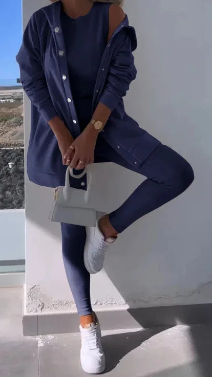 Women 3pcs Clothes Set Solid Color Sports Singel Breasted Shirt Jacket & Sleeveless Cami Tank Top & Slim Skinny Pants.