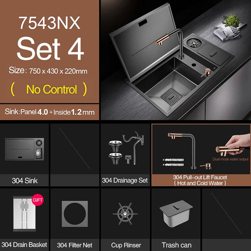 ASRAS Nanometer Hidden Flip Cover kitchen Island Sink 4mm Thickness Handmade Cup Rinser And Trash Can Kitchen Sinks