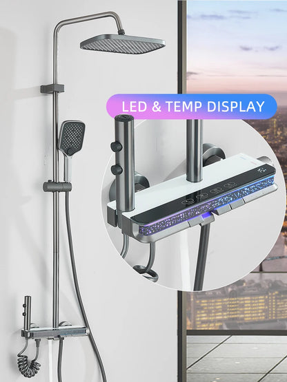 Intelligent Digital Display Luxury Shower Set Bathroom Wall Mounted Piano Key 4 Ways Water Outlet Rainlfall Shower Faucet System