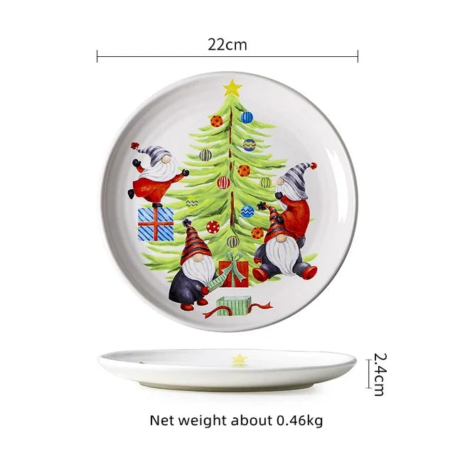Christmas Ceramic Dinner Plate Set Household Underglaze Flat Round Dim Sum Decorative  Sushi.
