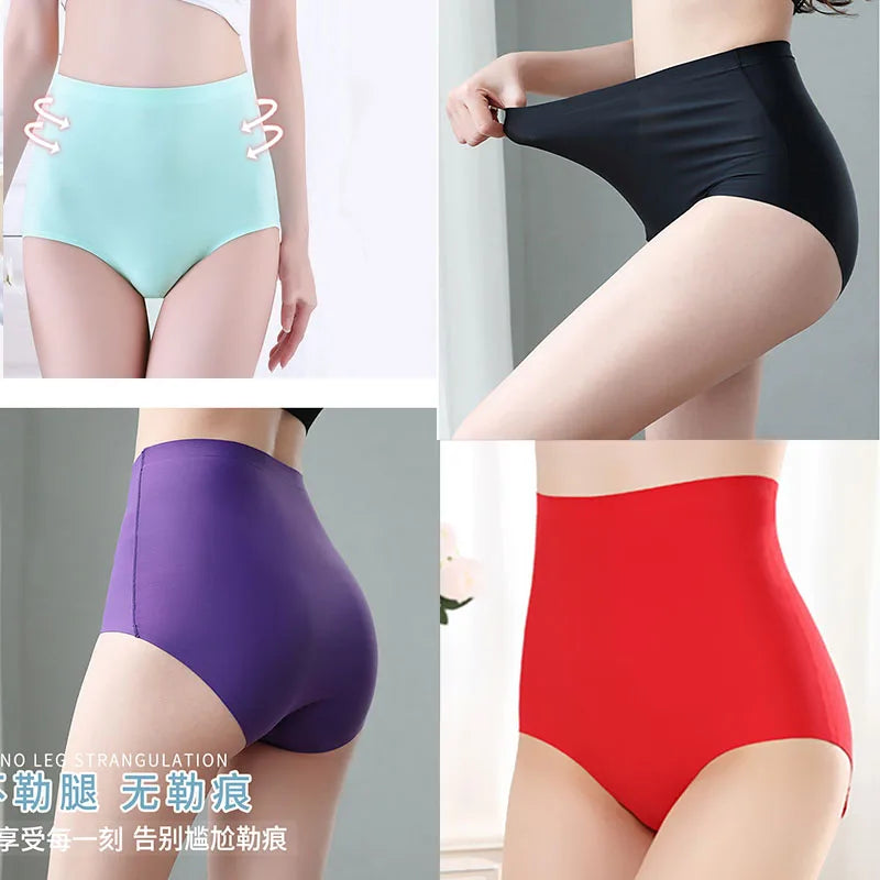 Women's underwear ice silk High waist Seamless Panties soft Lingerie Slimming Abdomen In Hip Lift plus size Breathable Briefs.