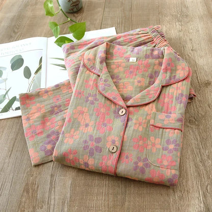 100% Cotton Crepe Homeclothes 2023 Autumn/Winter Women's Pajamas Suit Long-Sleeved Trousers 2-piece Yarn-Dyed Jacquard Pajamas