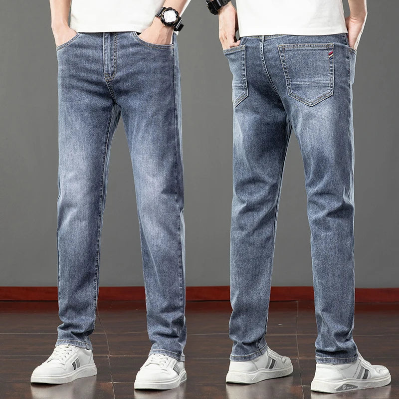 Spring Summer Thin Slim Fit Jeans Mens Elastic Straight Casual Business Denim Pants Washed Classic Brand Clothing Men Trousers.