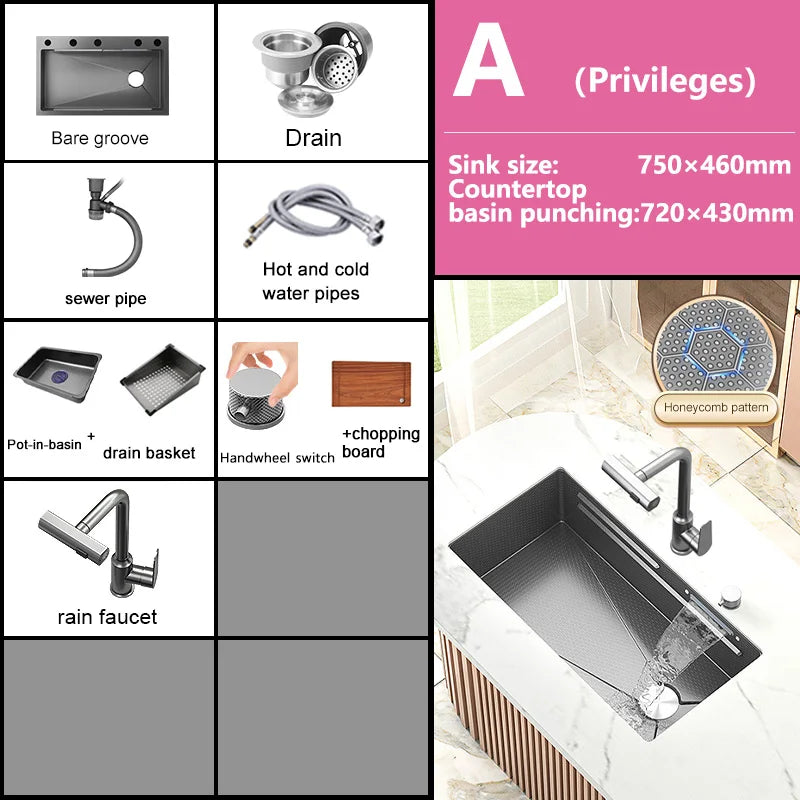 Waterfall Sink Large Single Slot Stainless Steel Kitchen Sink Embossed Washbasin Under The Basin Installation For Kitchen