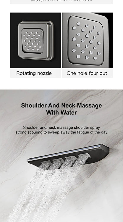 Deckenmontiertes thermostatisches LED-Digitalanzeige-Duschsystem. Eingebetteter Badmischer aus Messing im Wasserfallstil für heißes und kaltes Wasser