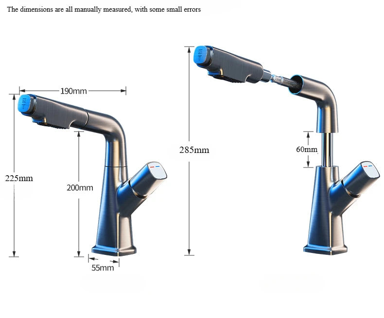 Hot and cold faucet bathroom sink vanity with pull-out function that can be raised and lowered 360º rotating mixing spray faucet