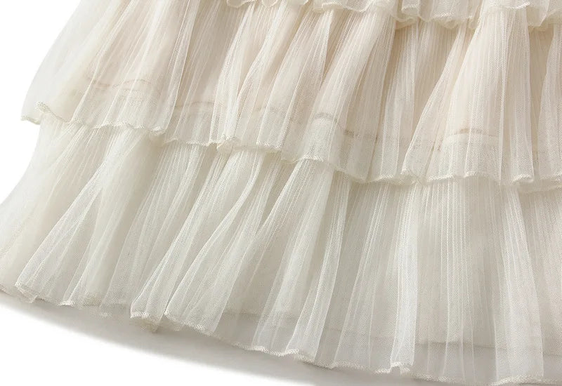 Beiyingni Woman Mesh Long Midi Cake Skirt Solid Color Elegant French Tiered Fairy Tulle Skirts Khaki Casual High Waist Faldas.