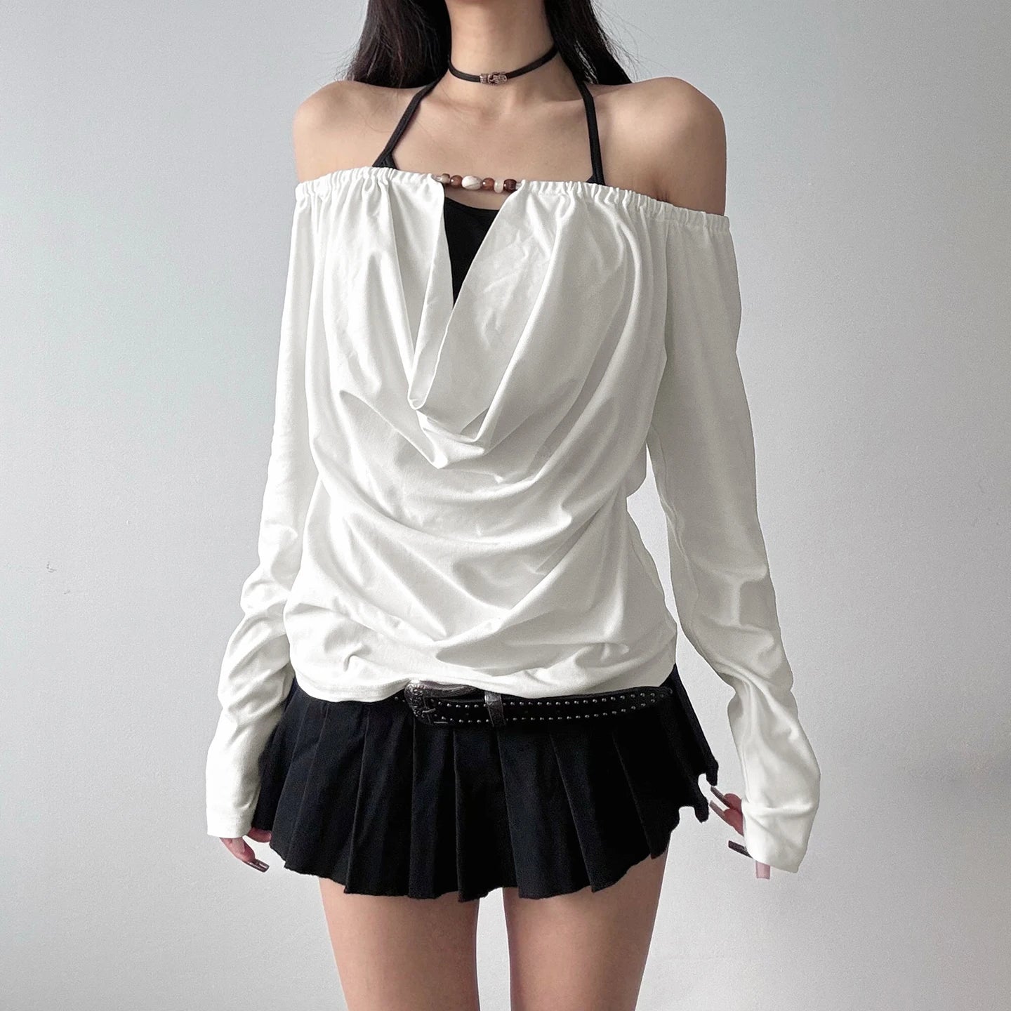 2025 Autumn Winter Women Korean Fake Two Pieces Slash Neck Top 2000s Long Sleeve T-Shirt Kpop Tees Y2k Design Coquette Gyaru New.