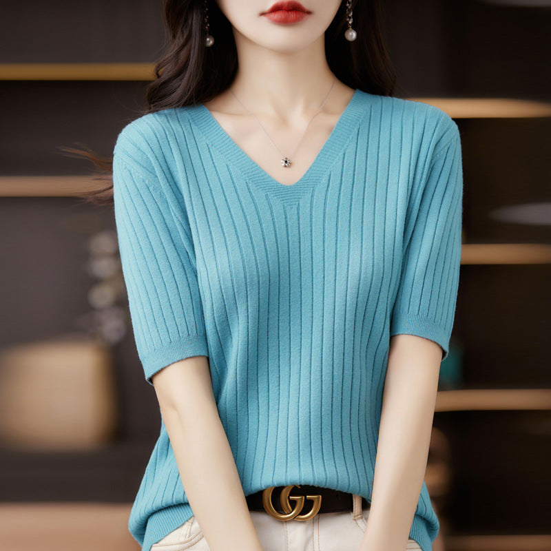 Frauen Pullover Frühling Sommer Kurzarm V-ausschnitt Strick Hemd Casual Koreanische Pullover Streifen Bodenbildung Shirt Slim Fit Jumper