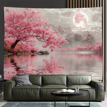 Pink Cherry Blossom & Moon Tapestry - Japanese Landscape Wall Decor for Living Room & Bedroom.