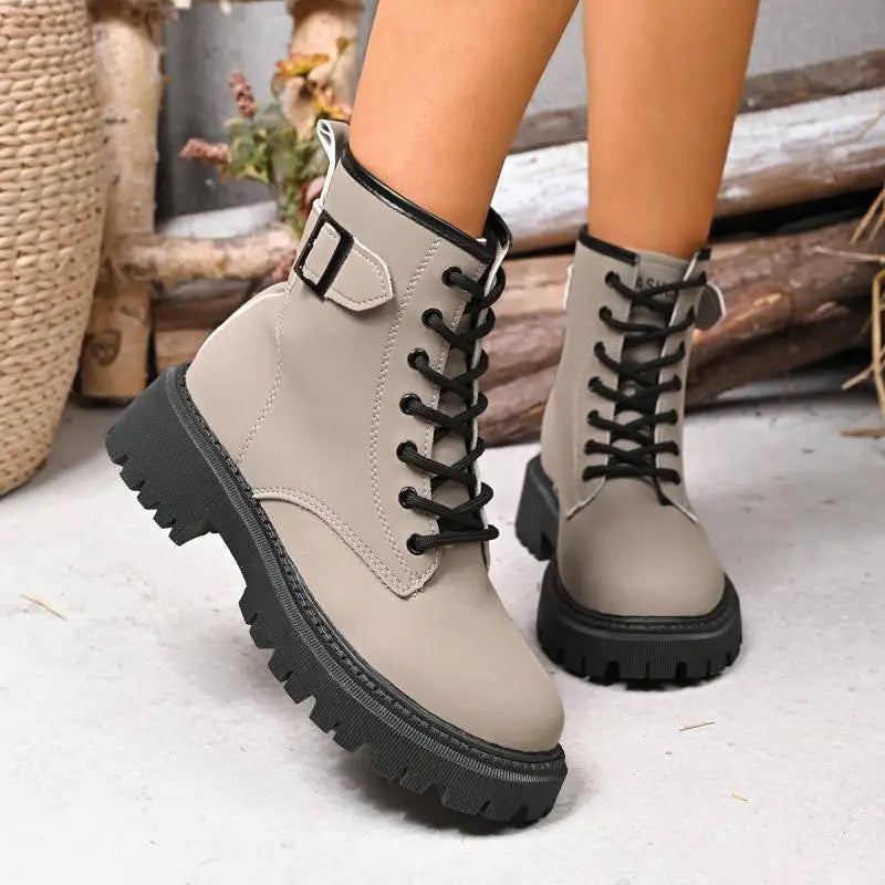 Chunky Platform Thick Heel Pink Ankle Boots Women 2025 Winter Punk Thick Bottom Lace Up Motorcycle Boots Metal Buckle Booties.