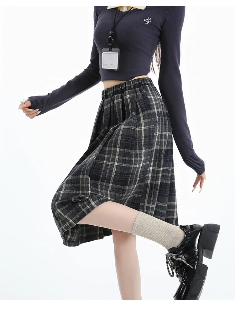 Preppy Style Woolen Pleated Plaid Skirt Women Fall Winter Retro Elastic High Waist Skirts Female Japanese A Line Faldas 2025 New.