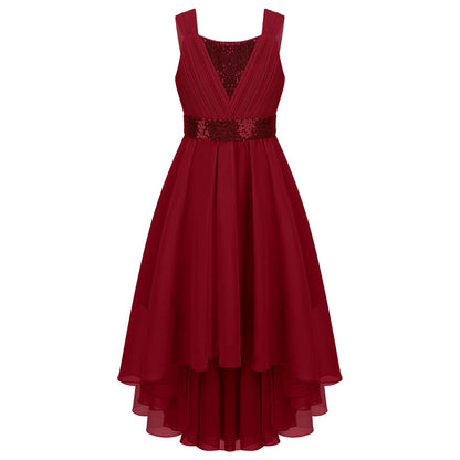 Kinder Blumenmädchenkleid Ärmellos Pailletten Hi-Low-Saum Abendkleid Elegantes Chiffon Prinzessin Geburtstag Formales Hochzeitskleid