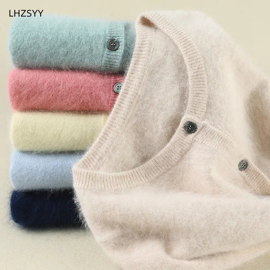 Women Cardigan Large Size Warm Pure Mink Cashmere Sweaters O-neck Loose Coat Female Sweater Ladies' Jacket Solid Knit Cardigans.