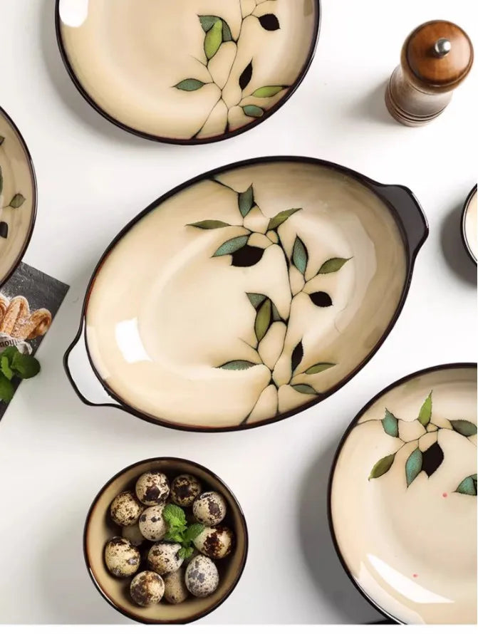 1Pc Vintage Bamboo Leaf Ceramic Bowl Salad Plate Exquisite Ceramic Cutlery Household Noodle Bowl Western Steak Cake Sushi Plate.