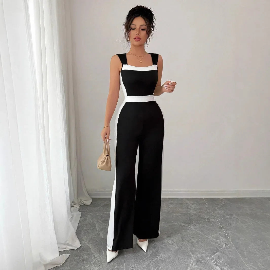 Elegant Color Block Wide Leg Jumpsuit Sleeveless Women's Spring Summer Vacation Style Cross-Border Fashion Ladies' Outfit.