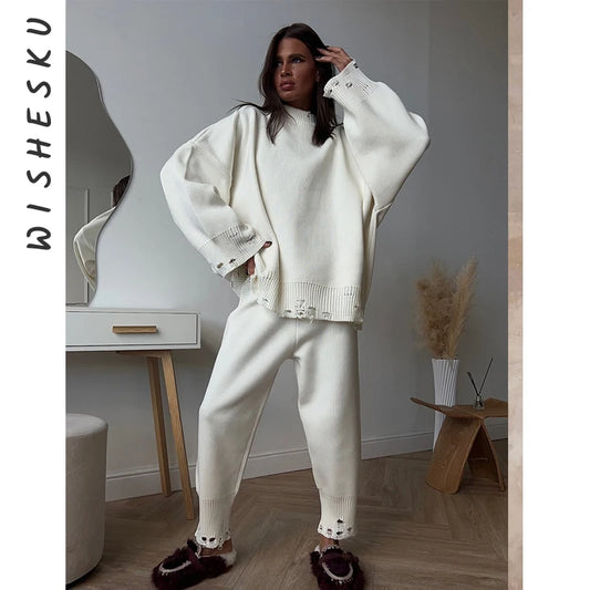 Two Piece Ripped Set Women Knit Tracksuits O Neck Long Sleeve Casual Baggy Sweatshirts+ Joggers Pants Outfits 2025 Fall Winter.