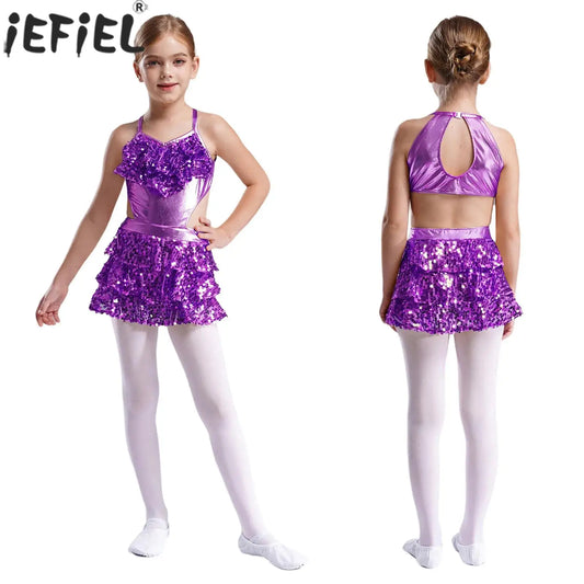 Teenager Mädchen Cha-Cha Jazz Latin Dance Samba Rumba Tango Performance Kostüm ärmelloses metallisch glänzendes Pailletten-Bodykleid mit Ausschnitt
