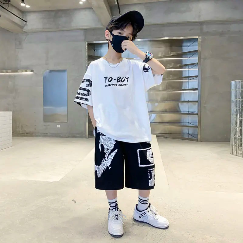 Boys Summer Trendy Casual Sports 2pcs T-shirts+Pants Suits 3-14 Years Teenage Boys Hip Hop Style Fashion Outfits Clothes Sets.