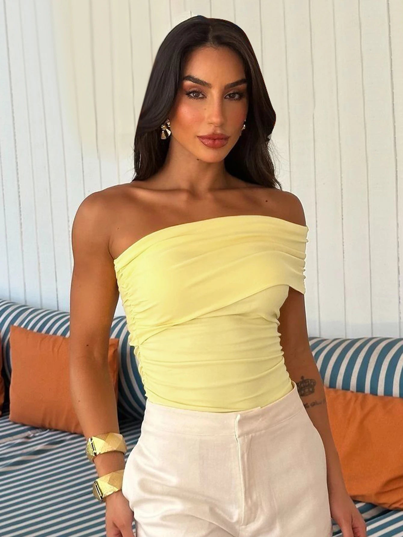 Dulzura One Shoulder Sleeveless Ruched Backless Bodycon Tank Top Women'S Solid Sexy Elegant Y2K Top Party Clubwear Summer Outfit