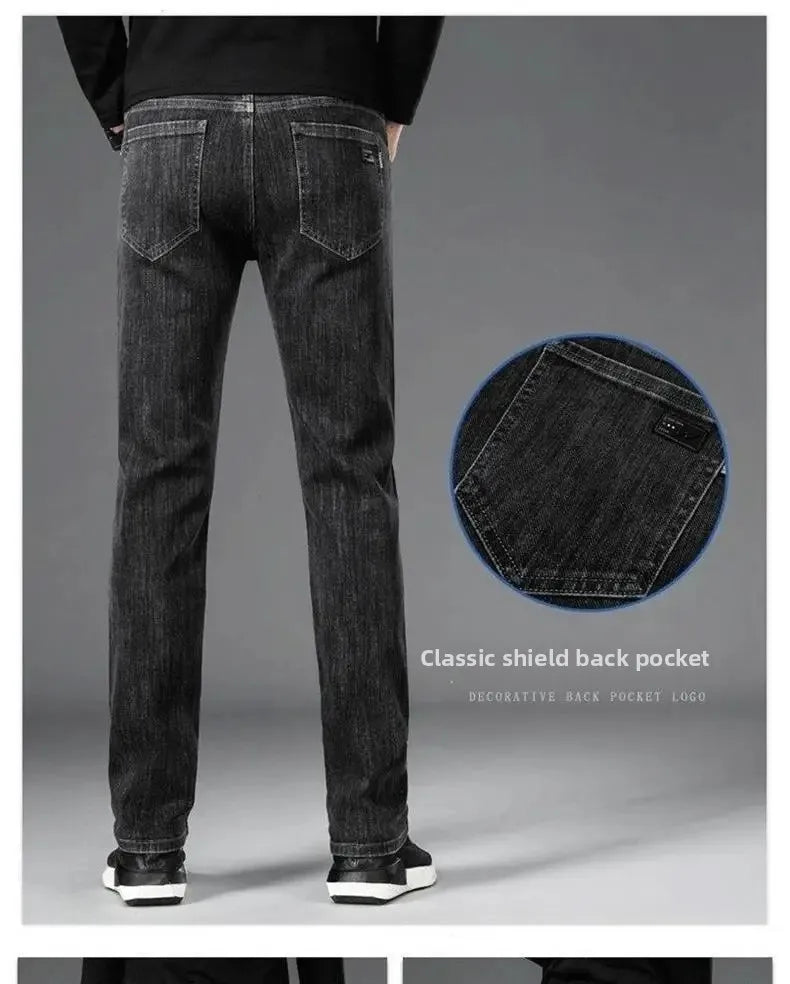 Loose Casual Jeans for Men Mid-aged Thick Winter Long Pants Business Style Straight Leg Spring Autumn Korean Version.