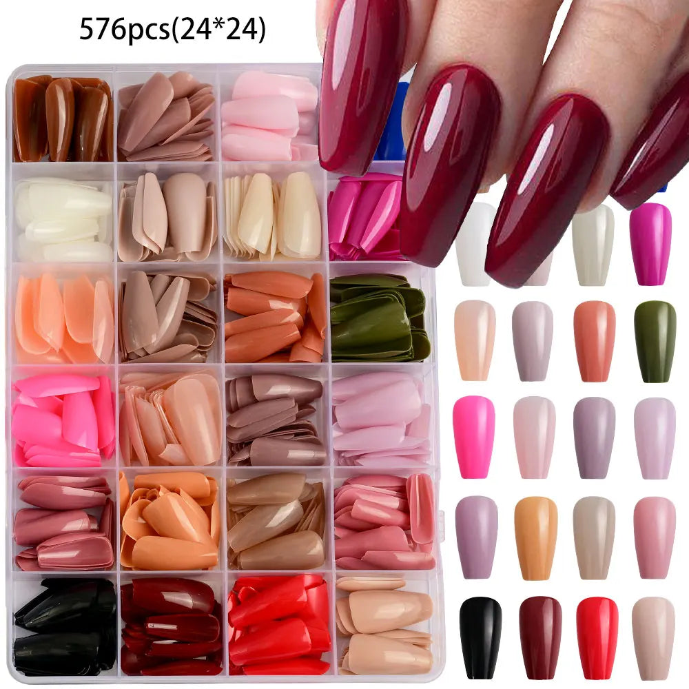 576Pcs/box Medium-Long Coffin Press On Nails Matte Full Cover Ballet False Nails Wearable Acrylic Fake Nails Extension For Women.